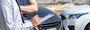 Insurance agent examine the damage of the car after accident on report claim form process