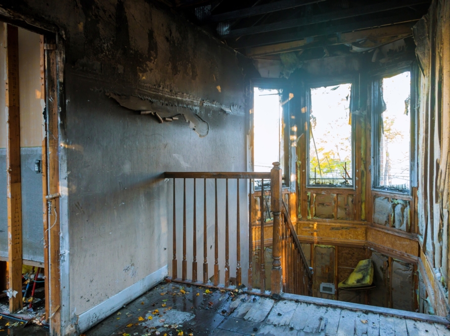 Burned house interior after fire room inside of damaged apartment after burned